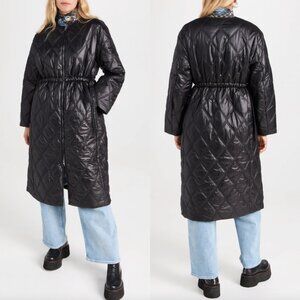 $495 NWT Ganni Black Shiny Quilted Cinch Waist Long Jacket size XXS/XS